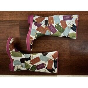 COACH F2460 Pammie Hang Tags Printed Colorful Fun Rain Boots Rubber Size 9B